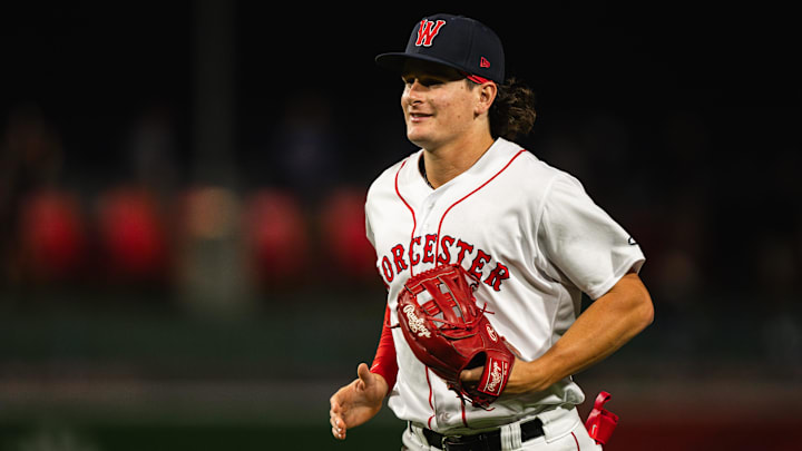WooSox outfielder Roman Anthony runs off the field following his team's 2-1 win over Lehigh Valley on Aug. 14 at Polar Park in Worcester, Mass.