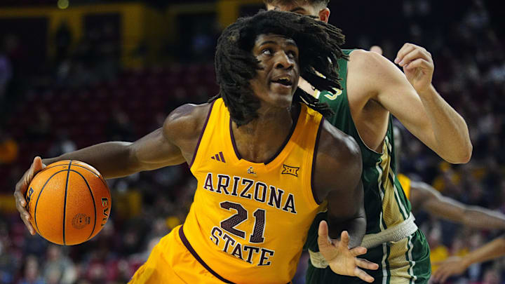 ASU center Jayden Quaintance (21) drives to the basket against Cal Poly during a game at Desert Financial Arena in Tempe on Nov. 20, 2024.