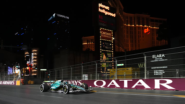 Nov 22, 2024; Las Vegas, Nevada, USA; Aston Martin Aramco F1 Team driver Lance Stroll of Canada (18) drives during practice for the Formula 1 Heineken Silver Las Vegas Grand Prix 2024 at the Las Vegas Circuit. Mandatory Credit: Lucas Peltier-Imagn Images