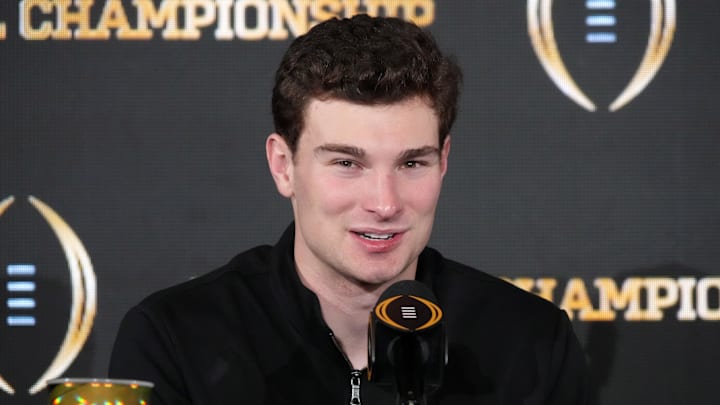 Jan 20, 2026; Miami, FL, USA; Indiana Hoosiers quarterback Fernando Mendoza during the CFP Champions press conference at Marriott Marquis Miami. Mandatory Credit: Kirby Lee-Imagn Images