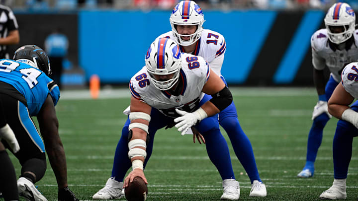 Oct 26, 2025; Charlotte, North Carolina, USA; Buffalo Bills guard Connor McGovern (66) prepares to hike the ball to quarterback Josh Allen (17) Oct 26, 2025; Charlotte, North Carolina, USA; Buffalo Bills guard Connor McGovern (66) prepares to hike the ball to quarterback Josh Allen (17)