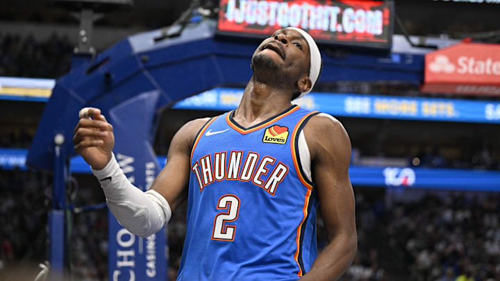 Mar 1, 2026; Dallas, Texas, USA; Oklahoma City Thunder guard Shai Gilgeous-Alexander (2) reacts to a foul call during the second half against the Dallas Mavericks at the American Airlines Center. Mandatory Credit: Jerome Miron-Imagn Images Mar 1, 2026; Dallas, Texas, USA; Oklahoma City Thunder guard Shai Gilgeous-Alexander (2) reacts to a foul call during the second half against the Dallas Mavericks at the American Airlines Center. Mandatory Credit: Jerome Miron-Imagn Images