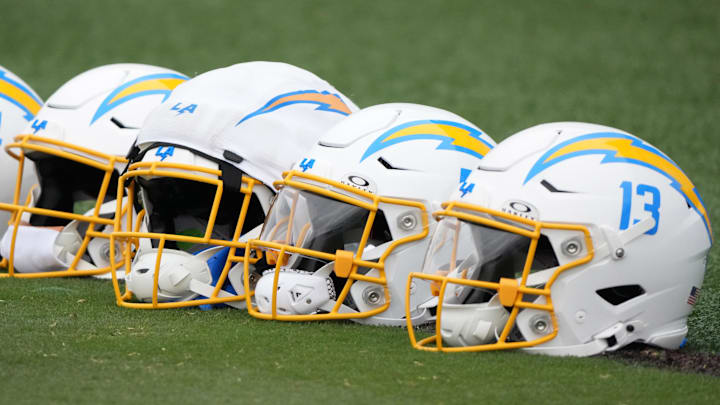 Jul 21, 2025; El Segundo, CA, USA; Los Angeles Chargers helmets at training camp at The Bolt. Mandatory Credit: Kirby Lee-Imagn Images