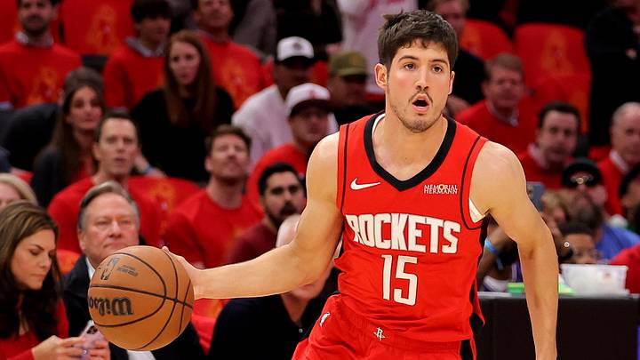 May 1, 2026; Houston, Texas, USA; Houston Rockets guard Reed Sheppard (15) handles the ball against the Los Angeles Lakers during the first quarter game six of the first round of the 2026 NBA Playoffs at Toyota Center. Mandatory Credit: Erik Williams-Imagn Images