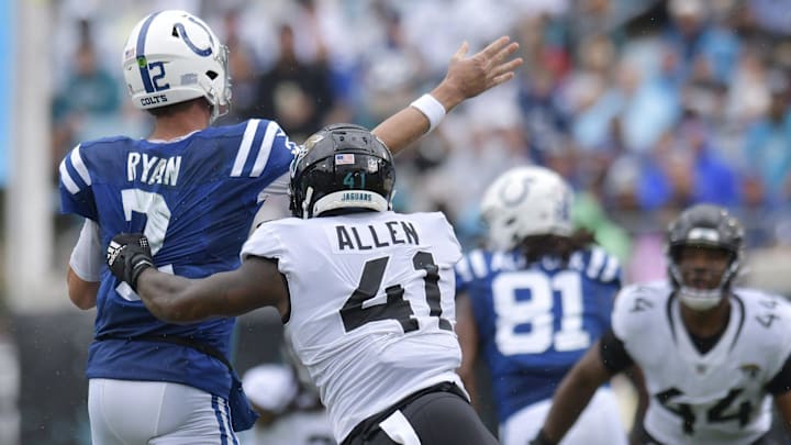 Jacksonville Jaguars linebacker Josh Allen (41) hits Indianapolis Colts quarterback Matt Ryan (2) knocking the ball loose late in the first quarter. The Jaguars went into the first half with a 17 to 0 lead over the Colts. The Jacksonville Jaguars hosted the Indianapolis Colts at TIAA Bank field in Jacksonville, FL Sunday, September 18, 2022. [Bob Self/Florida Times-Union]Jki 091822 Bs Jaguars Vs C 35