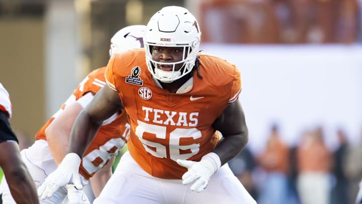 Dec 21, 2024; Austin, Texas, USA; Texas Longhorns offensive lineman Cameron Williams (56) against the Clemson Tigers during the CFP National playoff first round at Darrell K Royal-Texas Memorial Stadium. Mandatory Credit: Mark J. Rebilas-Imagn Images Dec 21, 2024; Austin, Texas, USA; Texas Longhorns offensive lineman Cameron Williams (56) against the Clemson Tigers during the CFP National playoff first round at Darrell K Royal-Texas Memorial Stadium. Mandatory Credit: Mark J. Rebilas-Imagn Images