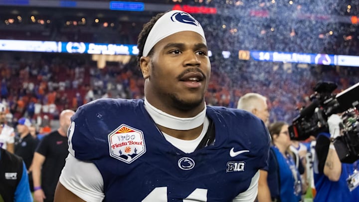 Dec 31, 2024; Glendale, AZ, USA; Penn State Nittany Lions defensive end Abdul Carter (11) after defeating the Boise State Broncos in the Fiesta Bowl at State Farm Stadium. Mandatory Credit: Mark J. Rebilas-Imagn Images