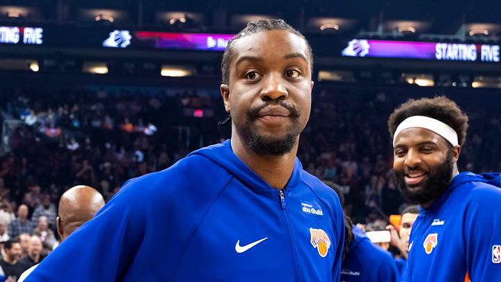 Jan 9, 2026; Phoenix, Arizona, USA; New York Knicks center Ariel Hukporti against the Phoenix Suns at Mortgage Matchup Center.