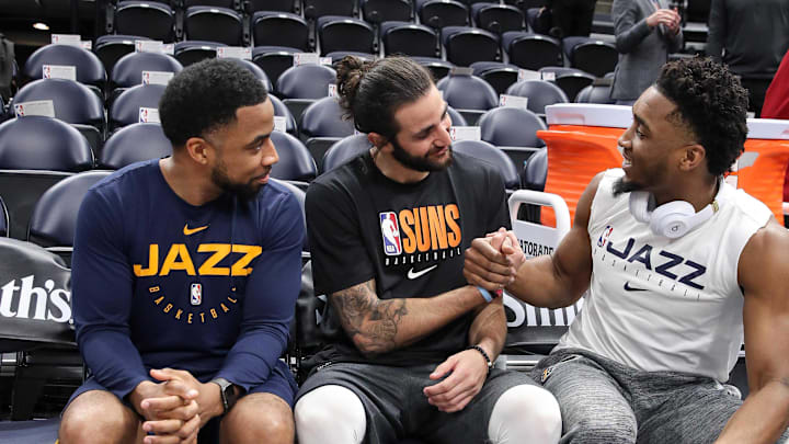 Feb 24, 2020; Salt Lake City, Utah, USA; Phoenix Suns guard Ricky Rubio (11) and Utah Jazz guard Donovan Mitchell (45) talk before the game with assistant coach Johnnie Bryant at Vivint Smart Home Arena. Mandatory Credit: Chris Nicoll-Imagn Images Feb 24, 2020; Salt Lake City, Utah, USA; Phoenix Suns guard Ricky Rubio (11) and Utah Jazz guard Donovan Mitchell (45) talk before the game with assistant coach Johnnie Bryant at Vivint Smart Home Arena. Mandatory Credit: Chris Nicoll-Imagn Images