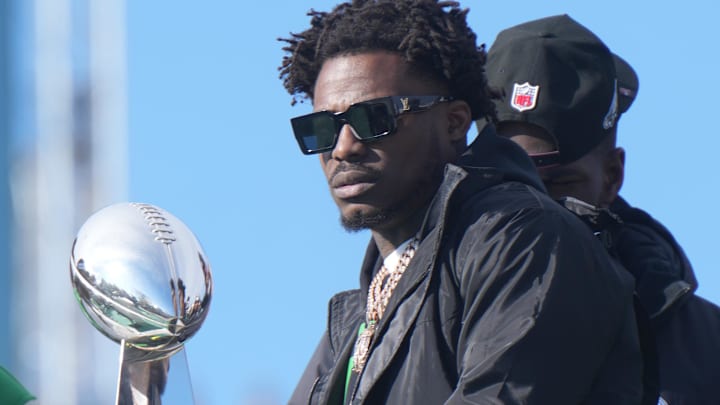 Philadelphia Eagles safety C.J. Gardner-Johnson with the Vince Lombardi Trophy during the Super Bowl LIX championship parade 