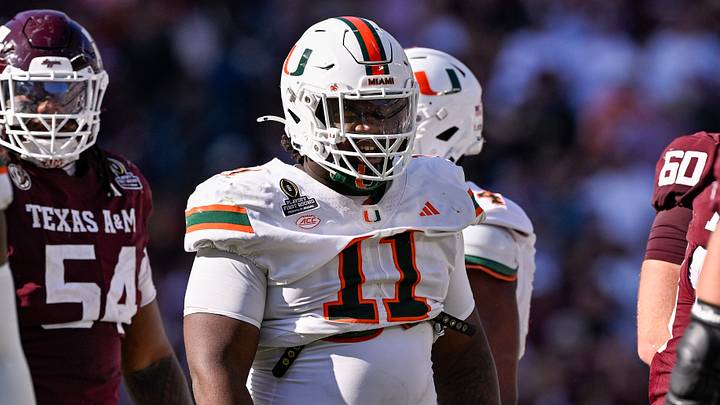Dec 20, 2025; College Station, TX, USA; Miami Hurricanes defensive lineman David Blay Jr. (11) looks on during the game between the Aggies and the Hurricanes at Kyle Field. Mandatory Credit: Jerome Miron-Imagn Images