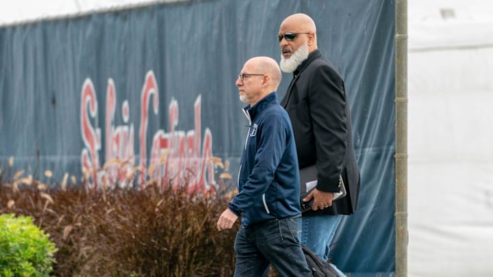 Major League Baseball Players' Association executive director Tony Clark, right, and chief negotiator Bruce Meyer arrive for negotiations with the players' union in an attempt to reach an agreement to salvage March 31 openers and a 162-game season, March 1, 2022, at Roger Dean Stadium in Jupiter, Fla. Major League Baseball Players' Association executive director Tony Clark, right, and chief negotiator Bruce Meyer arrive for negotiations with the players' union in an attempt to reach an agreement to salvage March 31 openers and a 162-game season, March 1, 2022, at Roger Dean Stadium in Jupiter, Fla.