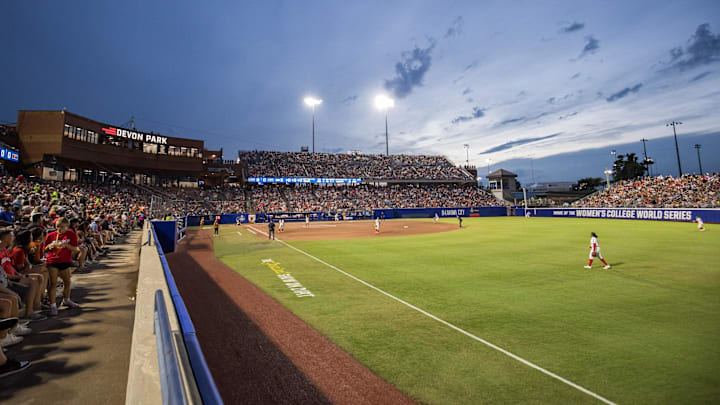 Jun 5, 2025; Oklahoma City, OK, USA; The Texas Longhorns and the Texas Tech Red Raiders play in game two of the NCAA Softball Women's College World Series finals at Devon Park. Mandatory Credit: Brett Rojo-Imagn Images Jun 5, 2025; Oklahoma City, OK, USA; The Texas Longhorns and the Texas Tech Red Raiders play in game two of the NCAA Softball Women's College World Series finals at Devon Park. Mandatory Credit: Brett Rojo-Imagn Images