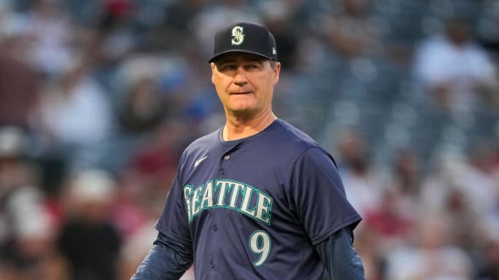 Seattle Mariners manager Scott Servais (9) reacts during the game against the Los Angeles Angels at Angel Stadium in 2024. Seattle Mariners manager Scott Servais (9) reacts during the game against the Los Angeles Angels at Angel Stadium in 2024.