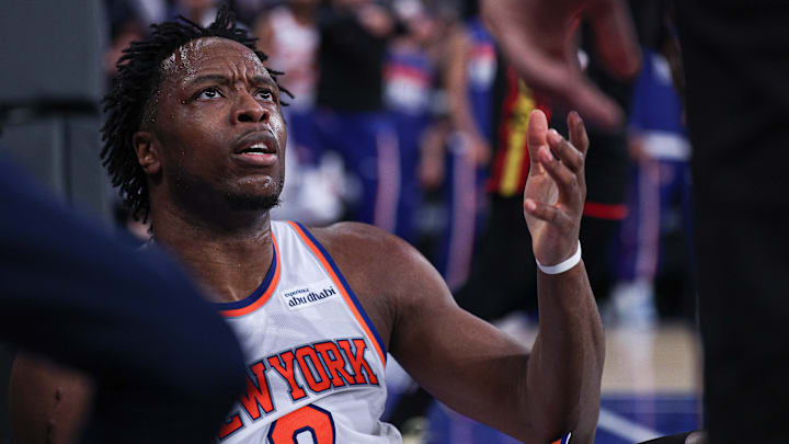 Apr 18, 2026; New York, New York, USA; New York Knicks forward Og Anunoby (8) reacts after a play against the Atlanta Hawks during the first half of the 2026 NBA Playoffs at Madison Square Garden. Mandatory Credit: Vincent Carchietta-Imagn Images