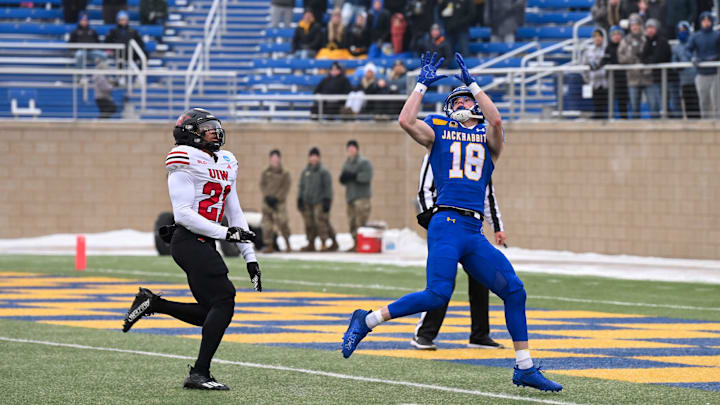 South Dakota State wide receiver Griffin Wilde (18) catches the ball for the touchdown on Saturday, Dec. 14, 2024, at Dana J. Dykhouse Stadium in Brookings.