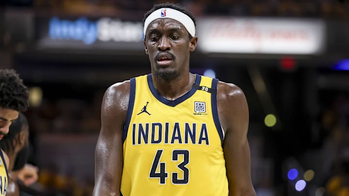 May 27, 2024; Indianapolis, Indiana, USA; Indiana Pacers forward Pascal Siakam (43) during the second quarter during game four of the eastern conference finals for the 2024 NBA playoffs at Gainbridge Fieldhouse. May 27, 2024; Indianapolis, Indiana, USA; Indiana Pacers forward Pascal Siakam (43) during the second quarter during game four of the eastern conference finals for the 2024 NBA playoffs at Gainbridge Fieldhouse.