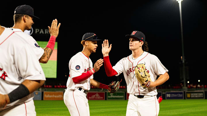 Roman Anthony high fives WooSox teammates following the Triple-A club's 12-2 win over Toledo on Tuesday at Polar Park. Roman Anthony high fives WooSox teammates following the Triple-A club's 12-2 win over Toledo on Tuesday at Polar Park.