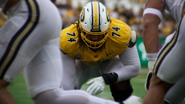 Sep 21, 2024; Columbia, Missouri, USA; Missouri Tigers right guard Cam'Ron Johnson (74) bends down ahead of a snap during a game against the Vanderbilt Commodores at Faurot Field at Memorial Stadium 