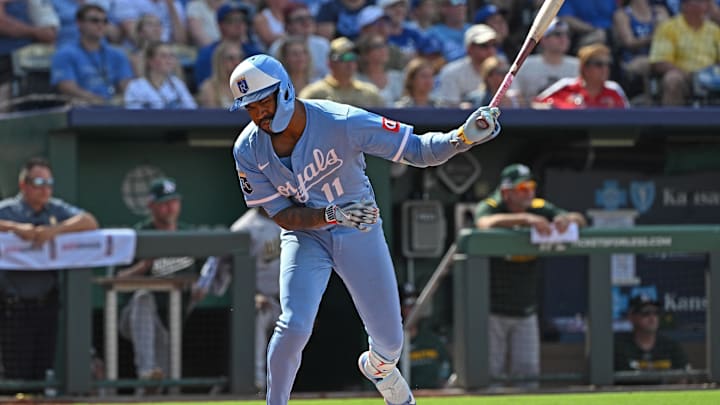 Jun 14, 2025; Kansas City, Missouri, USA;  Kansas City Royals third baseman Maikel Garcia (11) throws his bat to the ground after flying out for the final out in the fifth inning against the Athletics at Kauffman Stadium. Mandatory Credit: Peter Aiken-Imagn Images
