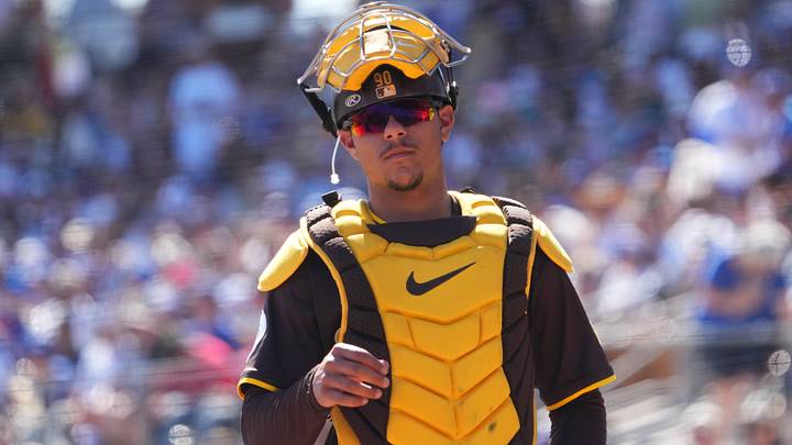 Feb 23, 2025; Phoenix, Arizona, USA; San Diego Padres catcher Ethan Salas (90) looks on against the Los Angeles Dodgers during the second inning at Camelback Ranch-Glendale. Mandatory Credit: Joe Camporeale-Imagn Images Feb 23, 2025; Phoenix, Arizona, USA; San Diego Padres catcher Ethan Salas (90) looks on against the Los Angeles Dodgers during the second inning at Camelback Ranch-Glendale. Mandatory Credit: Joe Camporeale-Imagn Images