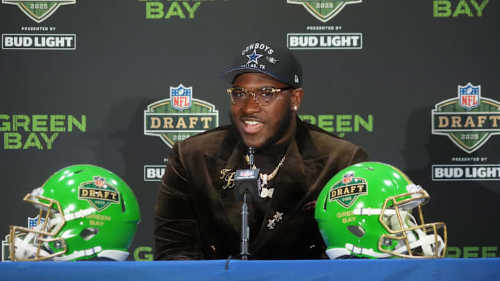 Tyler Booker speaks in a press conference after being selected by the Dallas Cowboys as the number 12 pick in the first round of the 2025 NFL Draft.