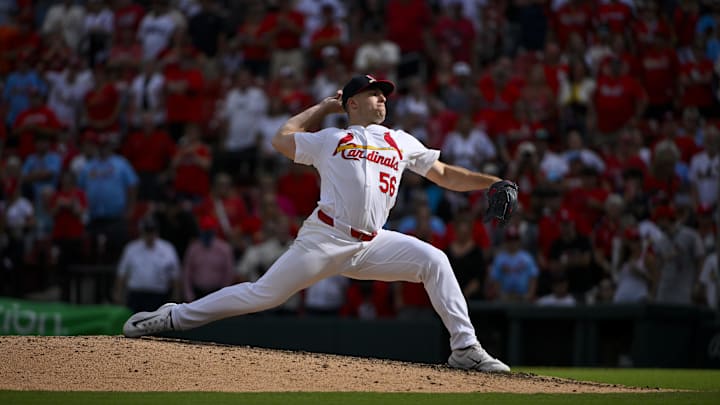 Sep 22, 2024; St. Louis, Missouri, USA; St. Louis Cardinals relief pitcher Ryan Helsley (56) pitches against the Cleveland Guardians during the ninth inning at Busch Stadium. Mandatory Credit: Jeff Curry-Imagn Images
