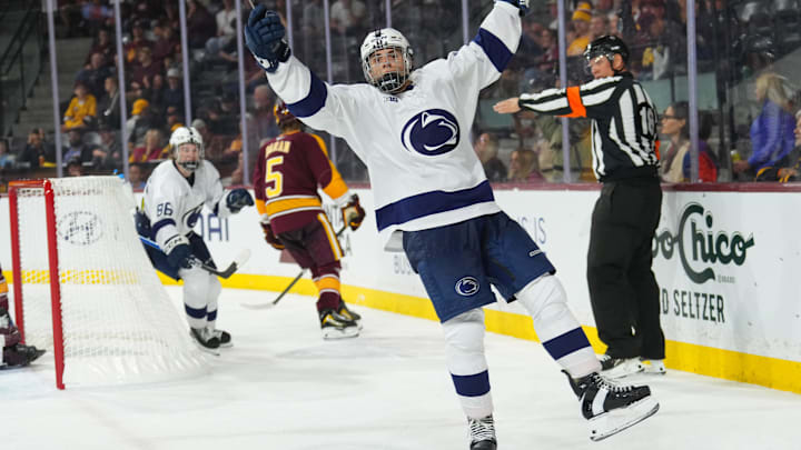 Oct 3, 2025; Tempe, AZ, USA; Penn State Nittany Lions forward Charlie Cerrato (15) celebrates a goal against the Arizona State Sun Devils during the third period at Mullett Arena. Mandatory Credit: Joe Camporeale-Imagn Images
