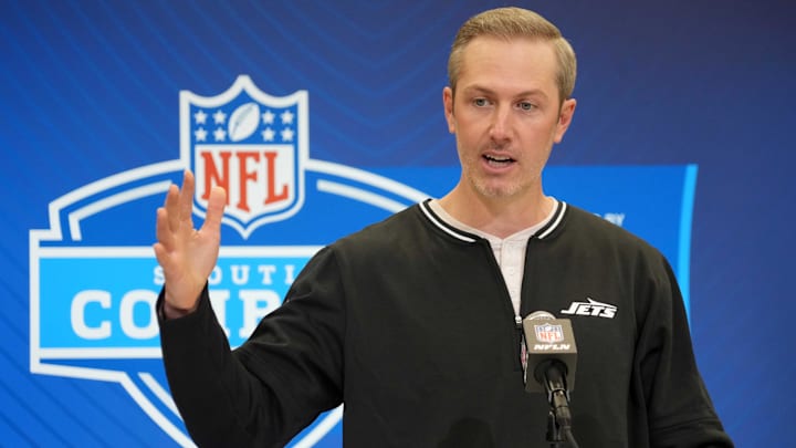 Feb 25, 2025; Indianapolis, IN, USA; New York Jets general manager Darren Mougey speaks during the NFL Scouting Combine at the Indiana Convention Center. Mandatory Credit: Kirby Lee-Imagn Images