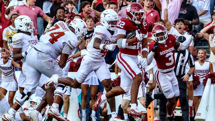 Oklahoma defensive back Peyton Bowen crosses the goal line against Texas. Oklahoma defensive back Peyton Bowen crosses the goal line against Texas.