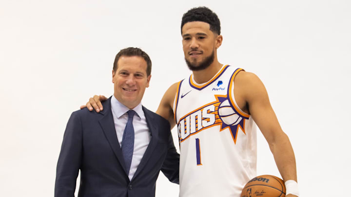 Oct 2, 2023; Phoenix, AZ, USA; Phoenix Suns owner Mat Ishbia (left) and guard Devin Booker pose for a portrait during media day at Footprint Center. Mandatory Credit: Mark J. Rebilas-Imagn Images Oct 2, 2023; Phoenix, AZ, USA; Phoenix Suns owner Mat Ishbia (left) and guard Devin Booker pose for a portrait during media day at Footprint Center. Mandatory Credit: Mark J. Rebilas-Imagn Images