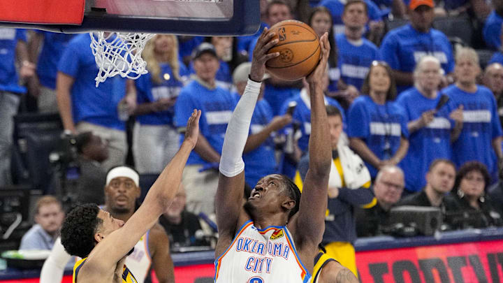 Jun 16, 2025; Oklahoma City, Oklahoma, USA; Oklahoma City Thunder forward Jalen Williams (8) shoots the ball over Indiana Pacers guard Tyrese Haliburton (0) during the second quarter in game five of the 2025 NBA Finals at Paycom Center. Mandatory Credit: Kyle Terada-Imagn Images