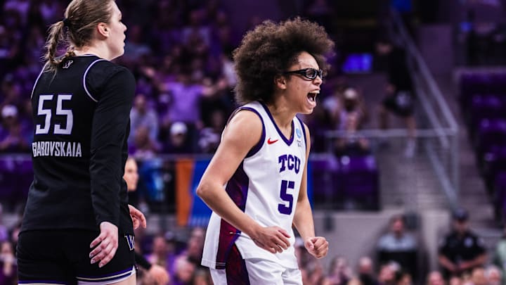 Olivia Miles celebrates during the Horned Frogs' match-up against Washington in the second round of the NCAA Tournament in Schollmaier Arena Olivia Miles celebrates during the Horned Frogs' match-up against Washington in the second round of the NCAA Tournament in Schollmaier Arena