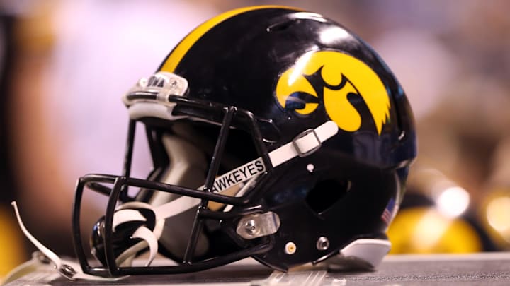 Dec 5, 2015; Indianapolis, IN, USA; A Iowa Hawkeyes helmet sits on the side line during the the Big Ten Conference football championship game between the Iowa Hawkeyes and the Michigan State Spartans at Lucas Oil Stadium. Mandatory Credit: Aaron Doster-Imagn Images