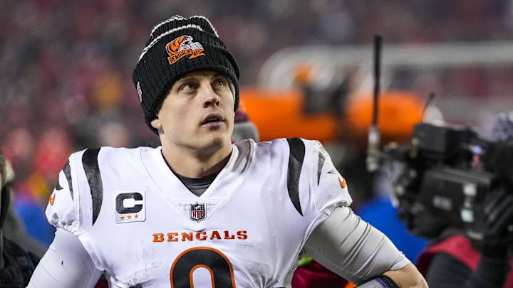 Jan 29, 2023; Kansas City, Missouri, USA; Cincinnati Bengals quarterback Joe Burrow (9) watches the video board as he walks for the locker room after the fourth quarter of the AFC championship NFL game between the Cincinnati Bengals and the Kansas City Chiefs, Sunday, Jan. 29, 2023, at Arrowhead Stadium in Kansas City, Mo. The Kansas City Chiefs advanced to the Super Bowl with a 23-20 win over the Bengals. Mandatory Credit: Sam Greene-Imagn Images