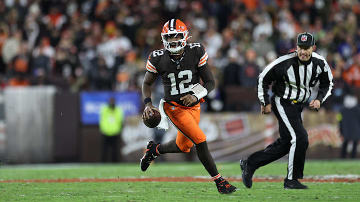 Nov 16, 2025; Cleveland, Ohio, USA; Cleveland Browns quarterback Shedeur Sanders (12) runs for a gain during the fourth quarter against the Baltimore Ravens at Huntington Bank Field. Mandatory Credit: Scott Galvin-Imagn Images