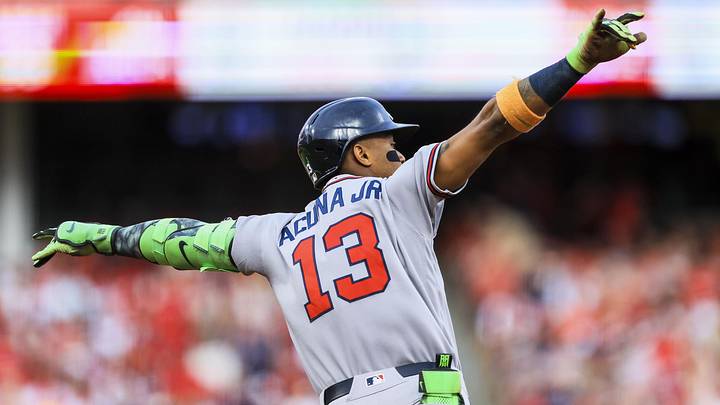 May 30, 2026; Cincinnati, Ohio, USA; Atlanta Braves outfielder Ronald Acuna Jr. (13) runs the bases after hitting a solo home run in the third inning against the Cincinnati Reds at Great American Ball Park. Mandatory Credit: Katie Stratman-Imagn Images