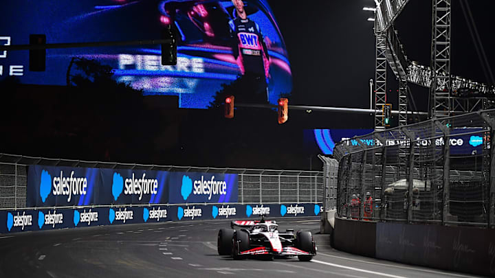 Nov 16, 2023; Las Vegas, Nevada, USA; Haas F1 driver Kevin Magnussen of Denmark (20) during free practice at Las Vegas Strip Circuit. Mandatory Credit: Gary A. Vasquez-USA TODAY Sports