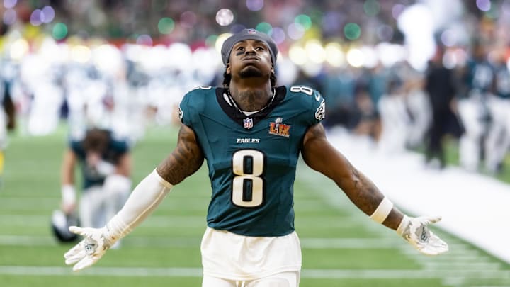 Feb 9, 2025; New Orleans, LA, USA; Philadelphia Eagles safety C.J. Gardner-Johnson (8) against the Kansas City Chiefs during Super Bowl LIX at Ceasars Superdome. Mandatory Credit: Mark J. Rebilas-Imagn Images