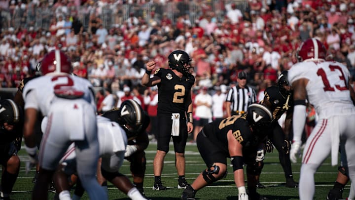 Vanderbilt Commodores quarterback Diego Pavia (2) calls out his cadence against the Alabama Crimson Tide during their game at Vanderbilt Stadium in Nashville, Tenn., Saturday, Oct. 5, 2024.