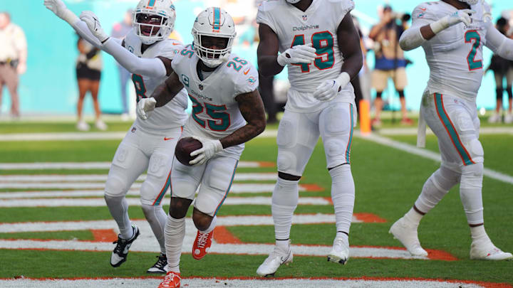 Miami Dolphins cornerback Xavien Howard (25) celebrates a fumble returned for a touchdown against the Houston Texans during the first half of an NFL game at Hard Rock Stadium in Miami Gardens, Nov. 27, 2022.