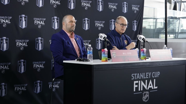 Jun 2, 2023; Las Vegas, Nevada, USA; Florida Panthers general manager Bill Zito and head coach Paul Maurice answer questions to the press during media day in advance of the 2023 Stanley Cup Final. Mandatory Credit: Lucas Peltier-USA TODAY Sports
