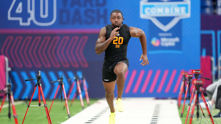 Feb 28, 2026; Indianapolis, IN, USA; Arkansas running back Mike Washington Jr. (RB20) during the NFL Scouting Combine at Lucas Oil Stadium. Mandatory Credit: Kirby Lee-Imagn Images