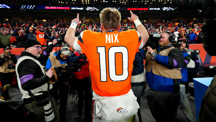 Jan 17, 2026; Denver, CO, USA; Denver Broncos quarterback Bo Nix (10) celebrates after winning an AFC Divisional Round playoff game against the Buffalo Bills at Empower Field at Mile High. 