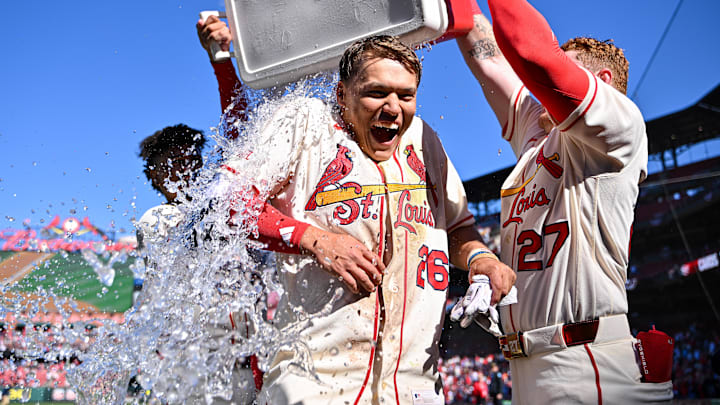 Mar 28, 2026; St. Louis, Missouri, USA; St. Louis Cardinals shortstop JJ Wetherholt (26) is doused with water by shortstop Masyn Winn (0) and left fielder Nathan Church (27) after hitting a walk-off two run single against the Tampa Bay Rays during the tenth inning at Busch Stadium. Mandatory Credit: Jeff Curry-Imagn Images Mar 28, 2026; St. Louis, Missouri, USA; St. Louis Cardinals shortstop JJ Wetherholt (26) is doused with water by shortstop Masyn Winn (0) and left fielder Nathan Church (27) after hitting a walk-off two run single against the Tampa Bay Rays during the tenth inning at Busch Stadium. Mandatory Credit: Jeff Curry-Imagn Images
