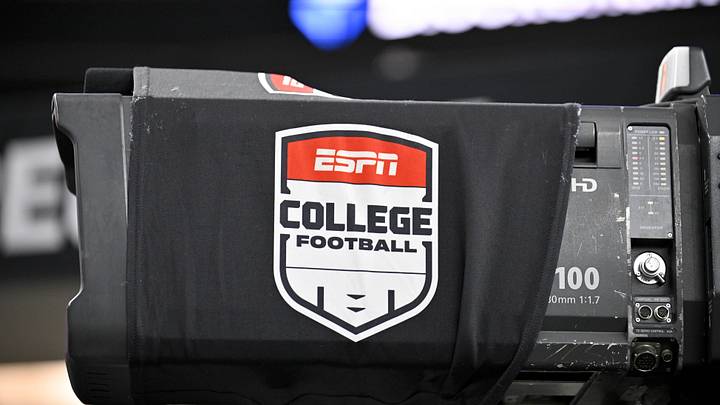 Dec 6, 2025; Arlington, TX, USA; A view of a tv camera and the ESPN college football logo before the game between the Texas Tech Red Raiders and the BYU Cougars at AT&T Stadium. Mandatory Credit: Jerome Miron-Imagn Images