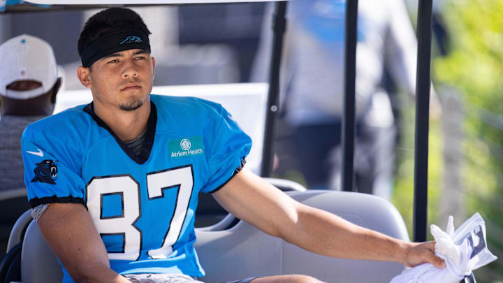 Jul 26, 2025; Charlotte, NC, USA; Carolina Panthers wide receiver Brycen Tremayne (87) rides up to practice during training camp. Mandatory Credit: Scott Kinser-Imagn Images Jul 26, 2025; Charlotte, NC, USA; Carolina Panthers wide receiver Brycen Tremayne (87) rides up to practice during training camp. Mandatory Credit: Scott Kinser-Imagn Images