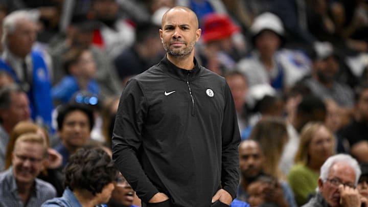 Mar 31, 2025; Dallas, Texas, USA; Brooklyn Nets head coach Jordi Fernandez looks on during the first quarter against the Dallas Mavericks at the American Airlines Center. Mandatory Credit: Jerome Miron-Imagn Images
