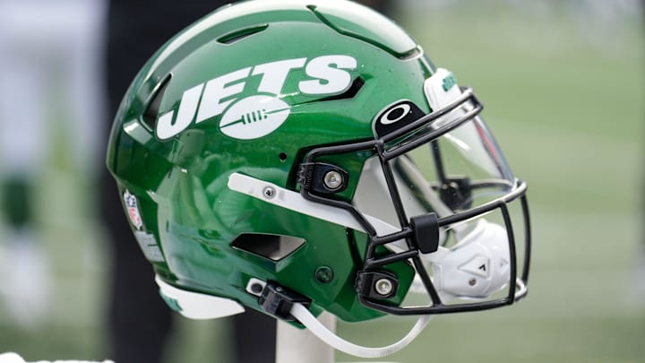 Aug 12, 2023; Charlotte, North Carolina, USA; New York Jets helmet during the second quarter against the Carolina Panthers at Bank of America Stadium. Mandatory Credit: Jim Dedmon-Imagn Images