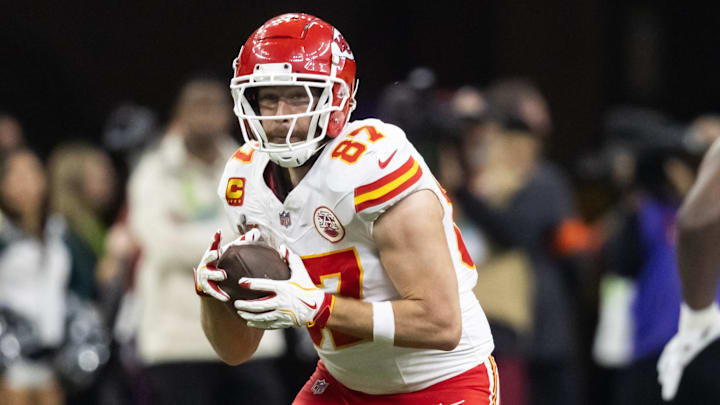 Feb 9, 2025; New Orleans, LA, USA; Kansas City Chiefs tight end Travis Kelce (87) against the Philadelphia Eagles in Super Bowl LIX at Ceasars Superdome. Mandatory Credit: Mark J. Rebilas-Imagn Images Feb 9, 2025; New Orleans, LA, USA; Kansas City Chiefs tight end Travis Kelce (87) against the Philadelphia Eagles in Super Bowl LIX at Ceasars Superdome. Mandatory Credit: Mark J. Rebilas-Imagn Images
